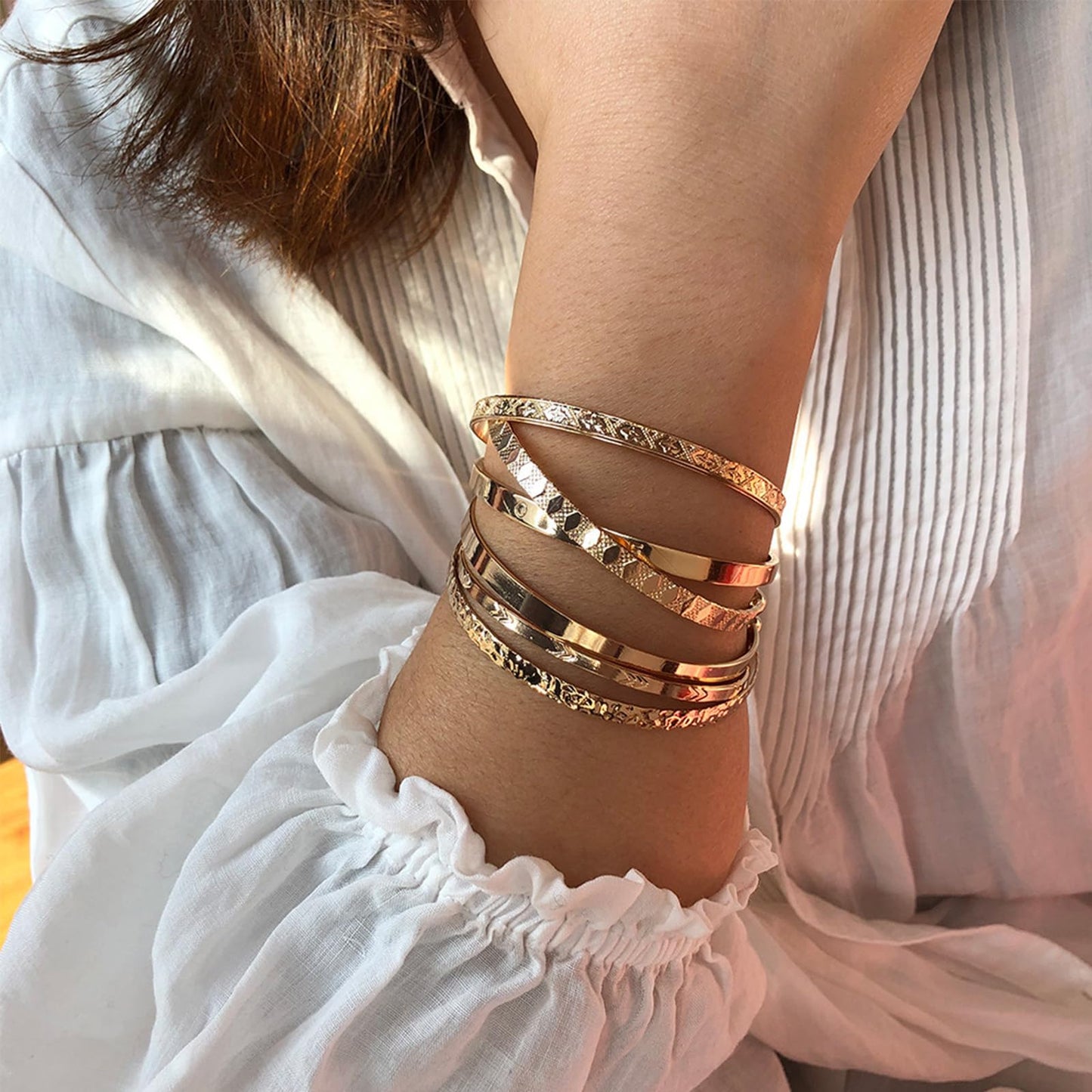 IFKM Gold Bangle Bracelets for Women, 14k Gold Plated Multi-Layer Stackable Cuff Bracelet Set