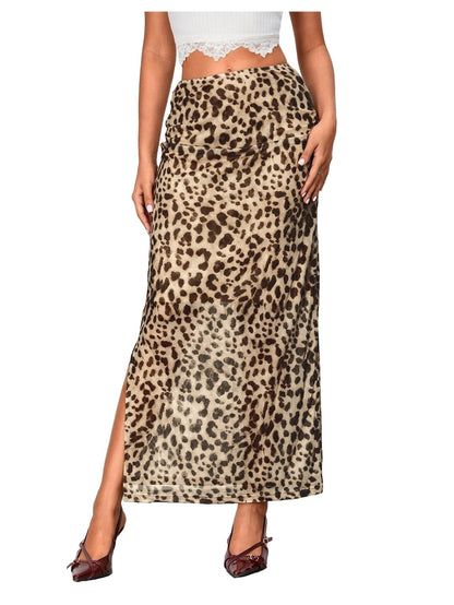 WDIRARA Women's Leopard Print Mesh Skirt Ruched Split Thigh Low Waist Maxi Skirts