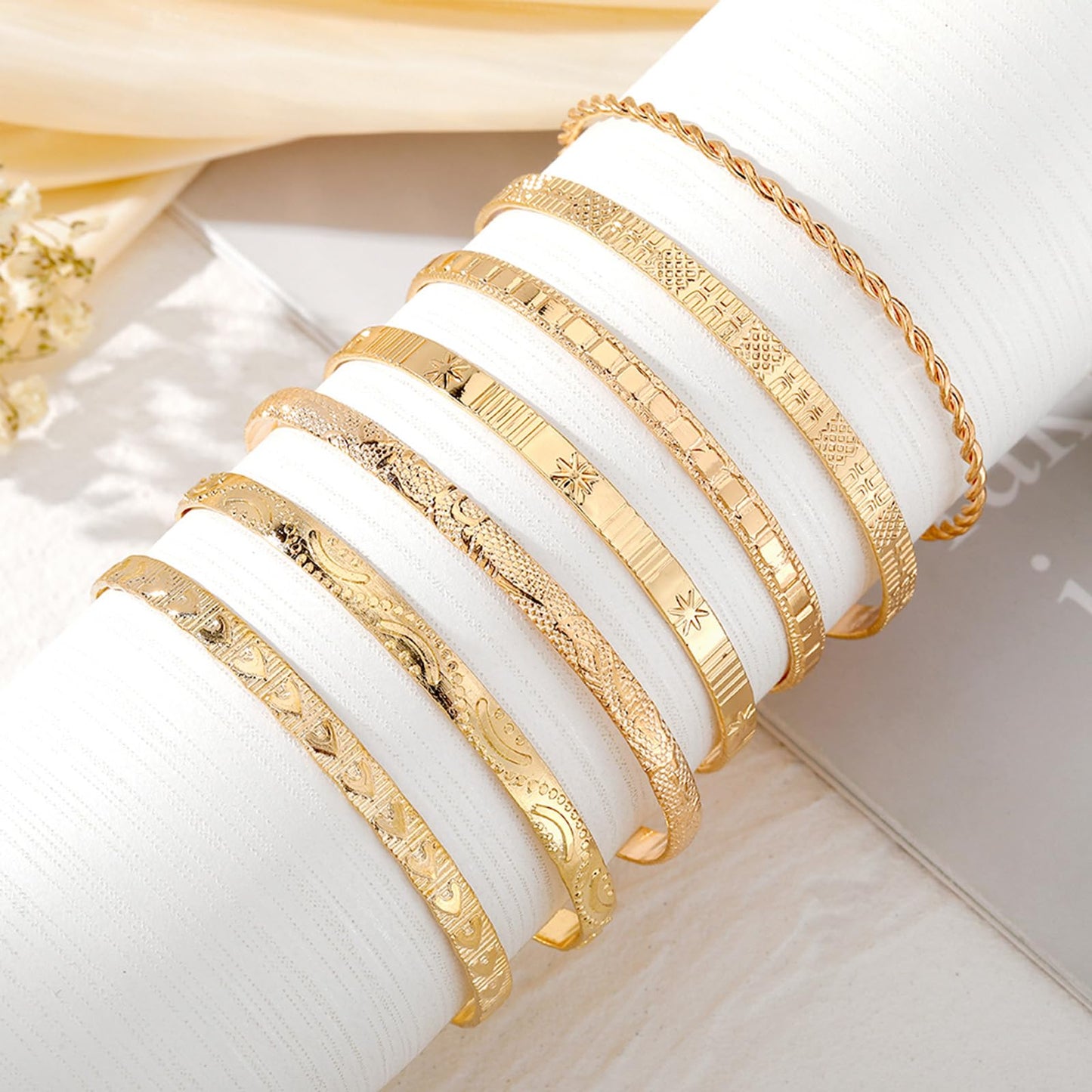IFKM Gold Bangle Bracelets for Women, 14k Gold Plated Multi-Layer Stackable Cuff Bracelet Set