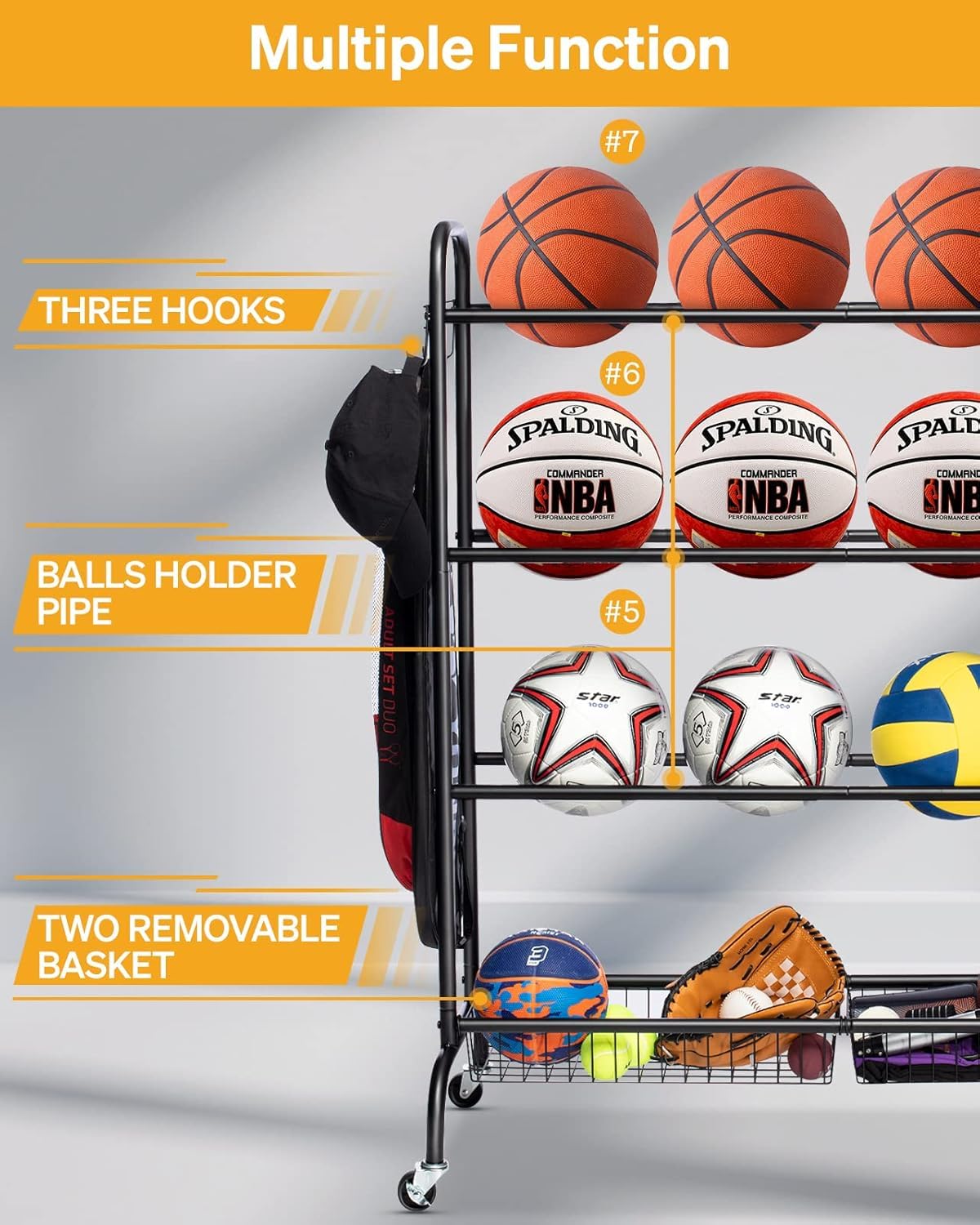 Sports Equipment Storage with Wheels- Four-Layer Organizer Holder with Two Baskets