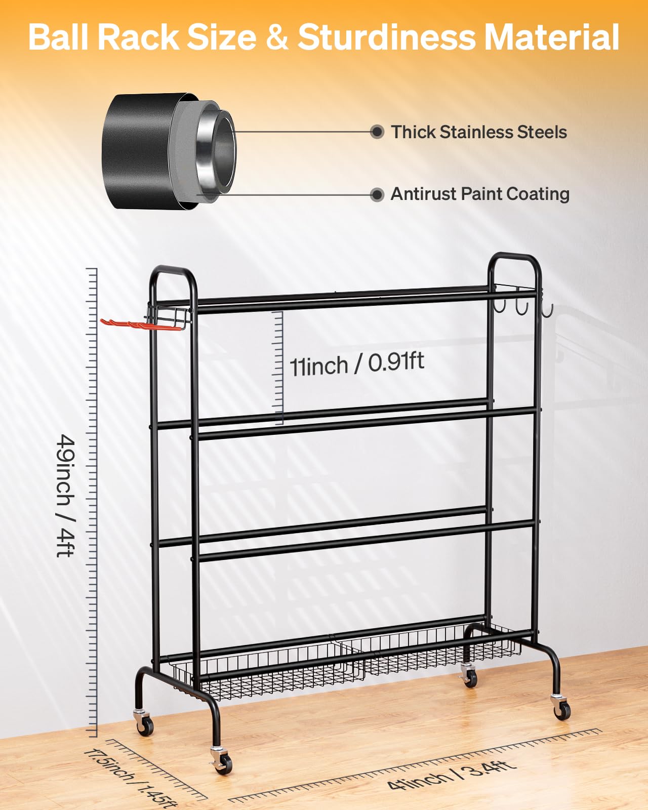 Sports Equipment Storage with Wheels- Four-Layer Organizer Holder with Two Baskets