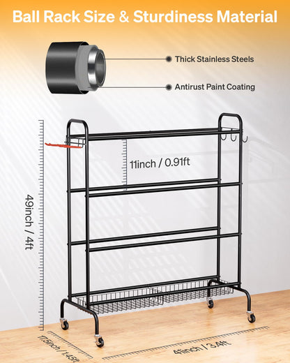 Sports Equipment Storage with Wheels- Four-Layer Organizer Holder with Two Baskets