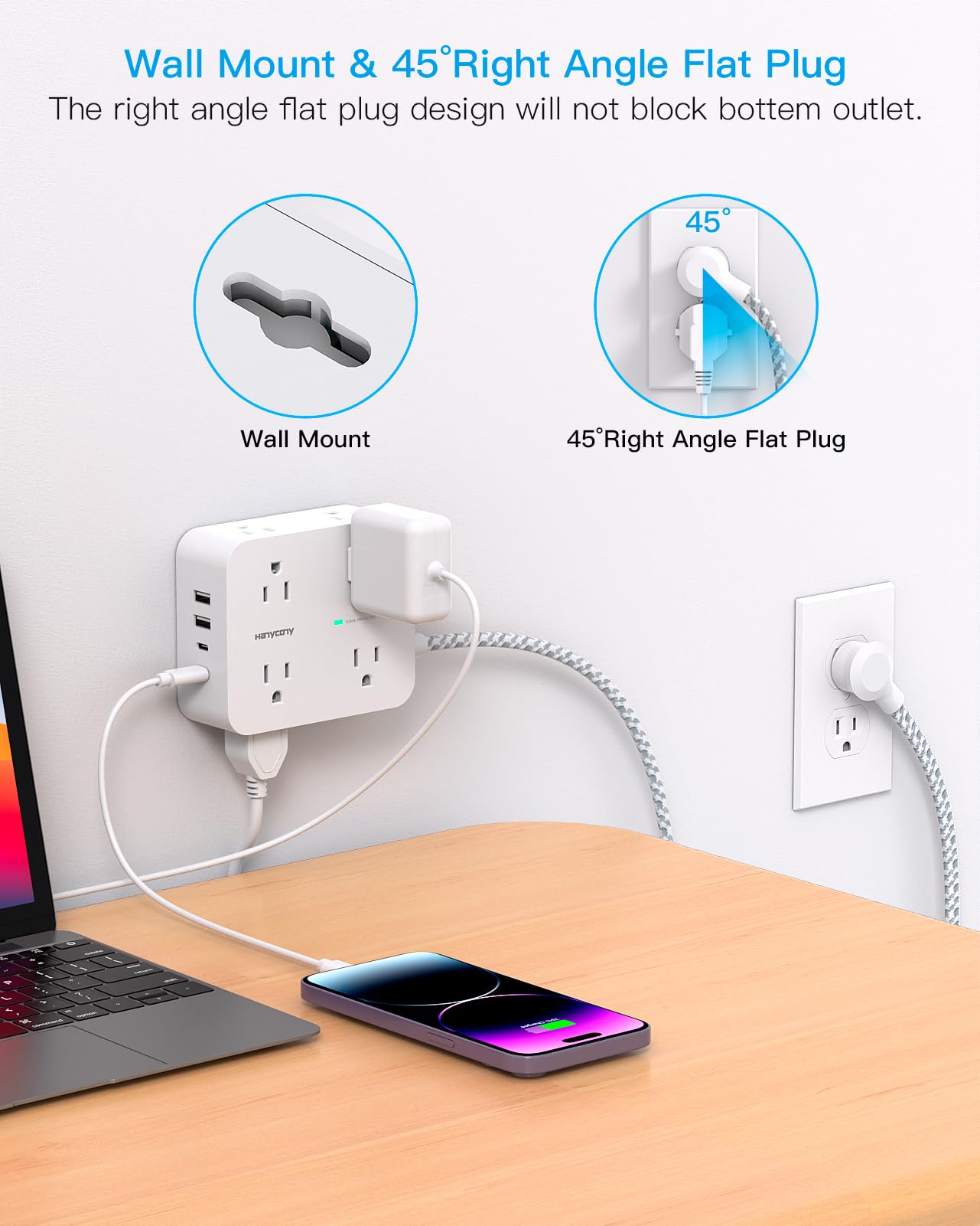 Surge Protector Power Strip - HANYCONY 8 Outlets 4 USB (2 USB C) Charging Ports- Multi Plug Outlet Extender, 5Ft