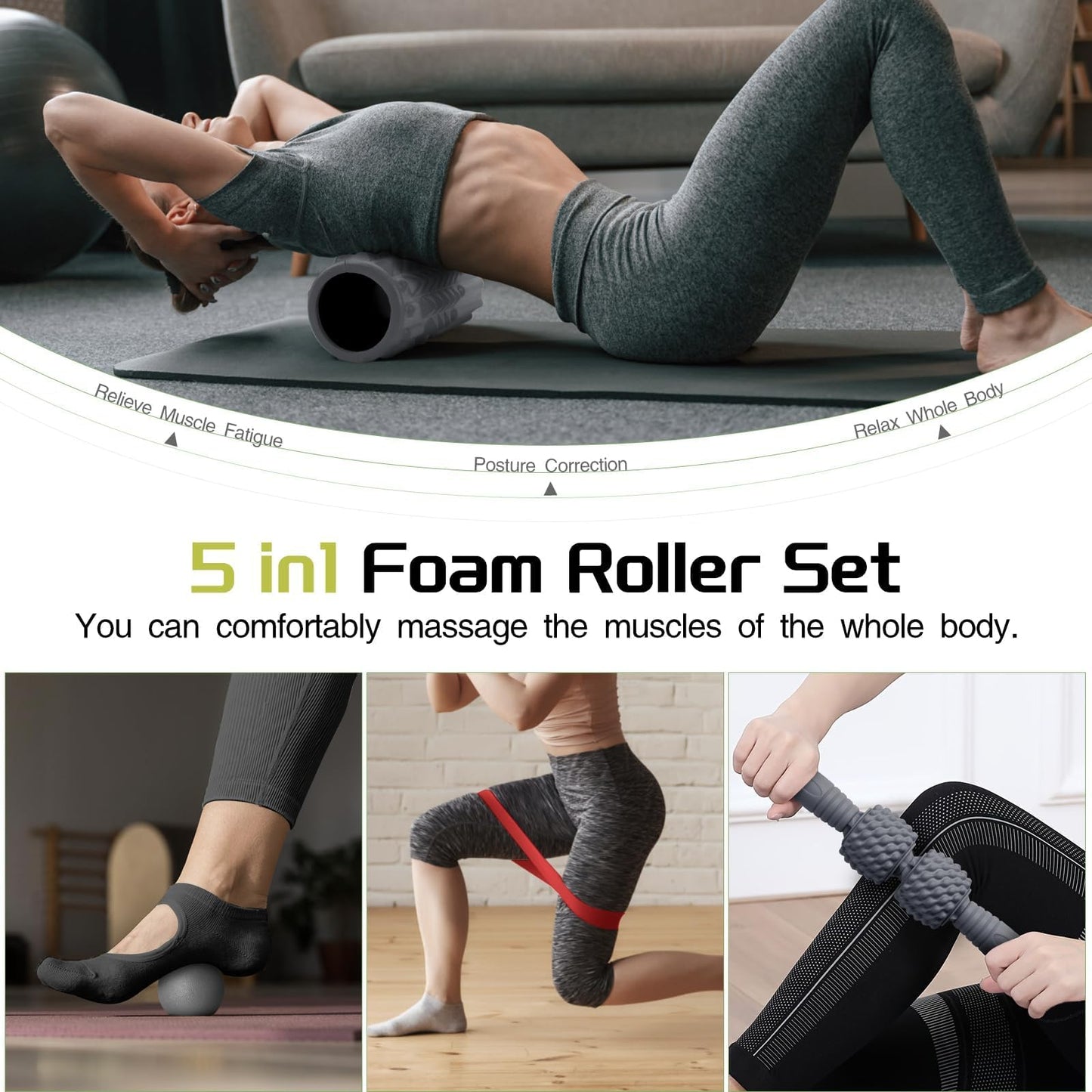 5-in-1 Foam Roller Set, Massage Roller Stick, Massage Ball, Resistance Band
