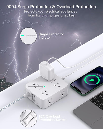 Surge Protector Power Strip - HANYCONY 8 Outlets 4 USB (2 USB C) Charging Ports- Multi Plug Outlet Extender, 5Ft