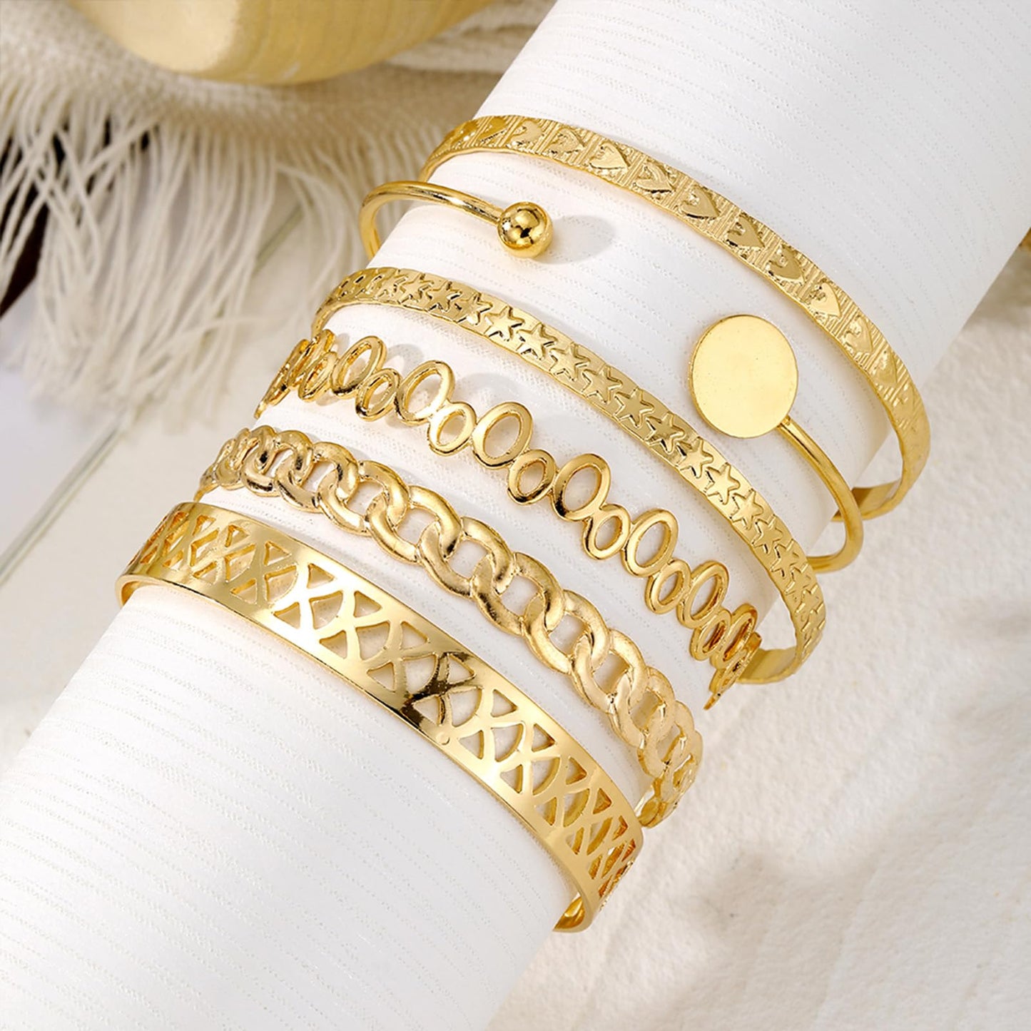 IFKM Gold Bangle Bracelets for Women, 14k Gold Plated Multi-Layer Stackable Cuff Bracelet Set