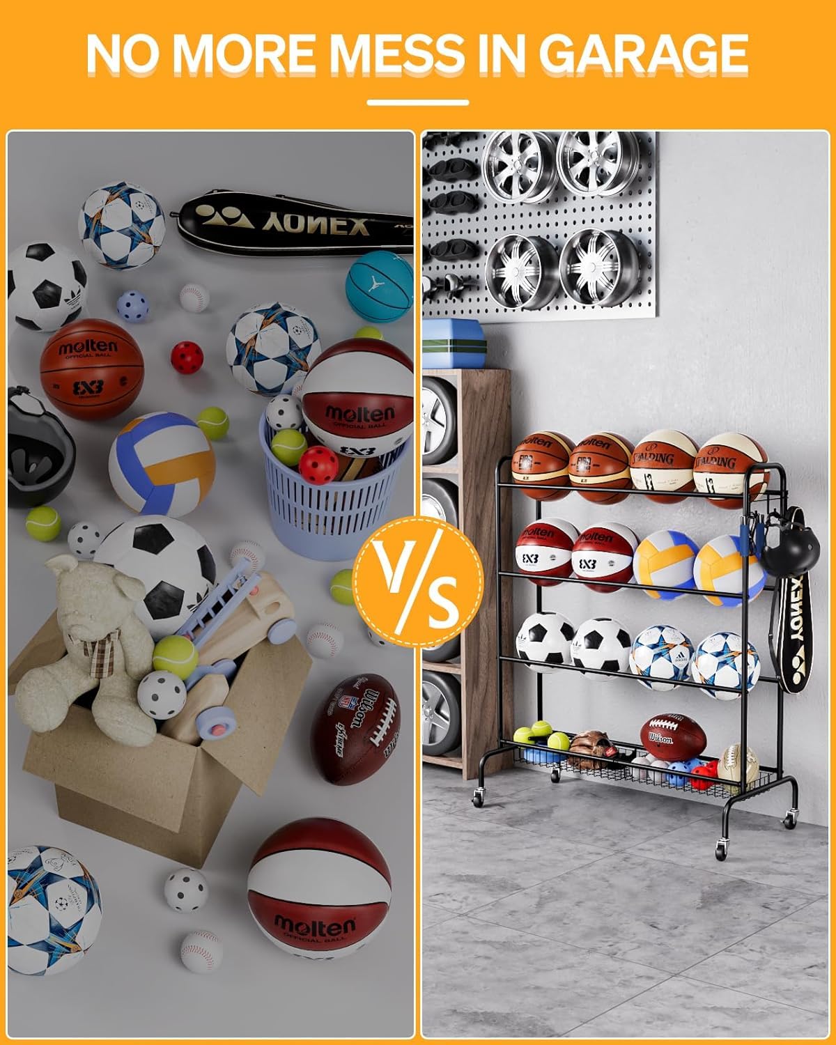 Sports Equipment Storage with Wheels- Four-Layer Organizer Holder with Two Baskets