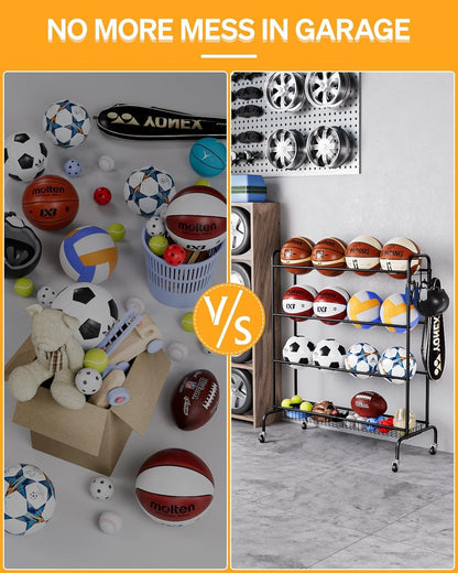 Sports Equipment Storage with Wheels- Four-Layer Organizer Holder with Two Baskets
