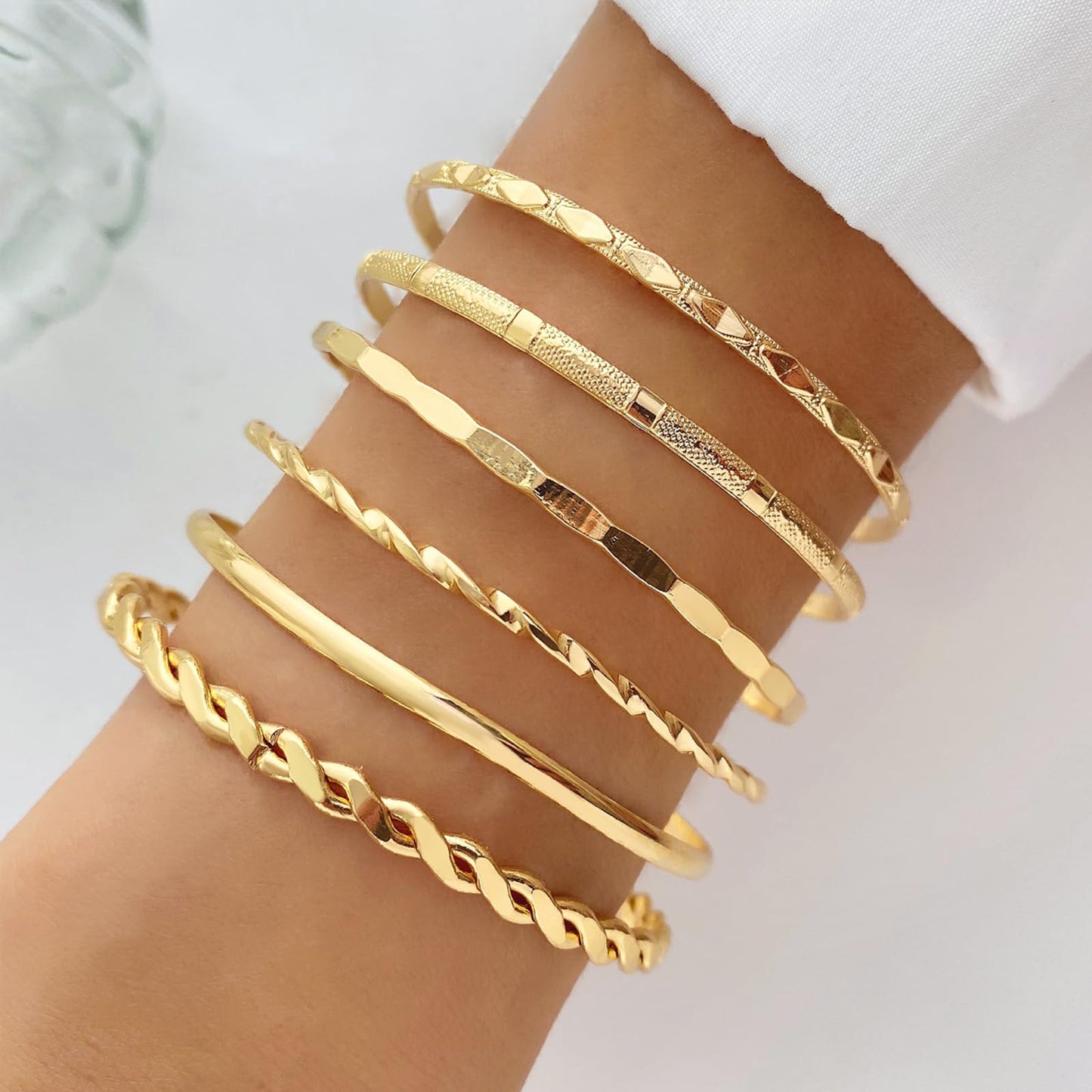 IFKM Gold Bangle Bracelets for Women, 14k Gold Plated Multi-Layer Stackable Cuff Bracelet Set