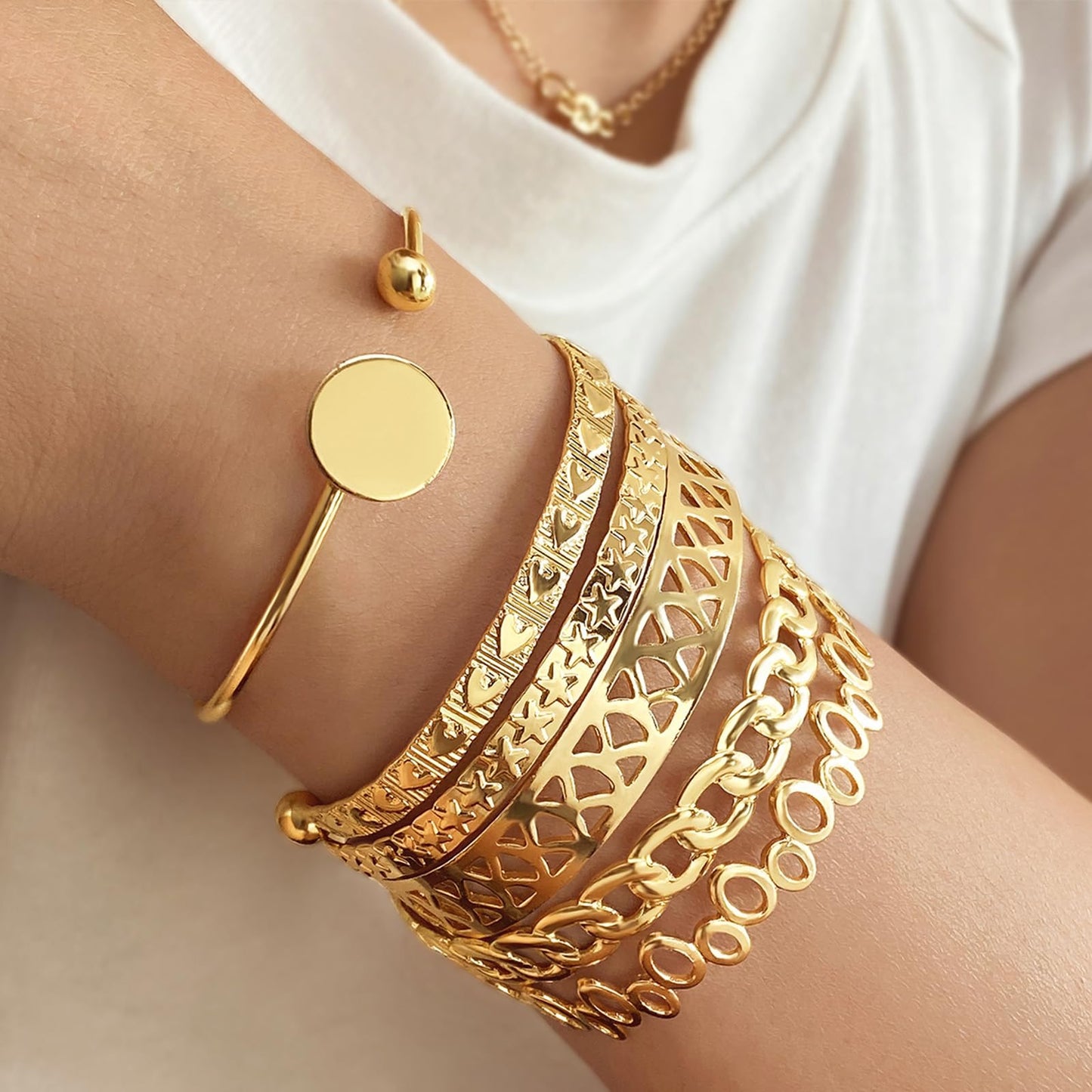 IFKM Gold Bangle Bracelets for Women, 14k Gold Plated Multi-Layer Stackable Cuff Bracelet Set