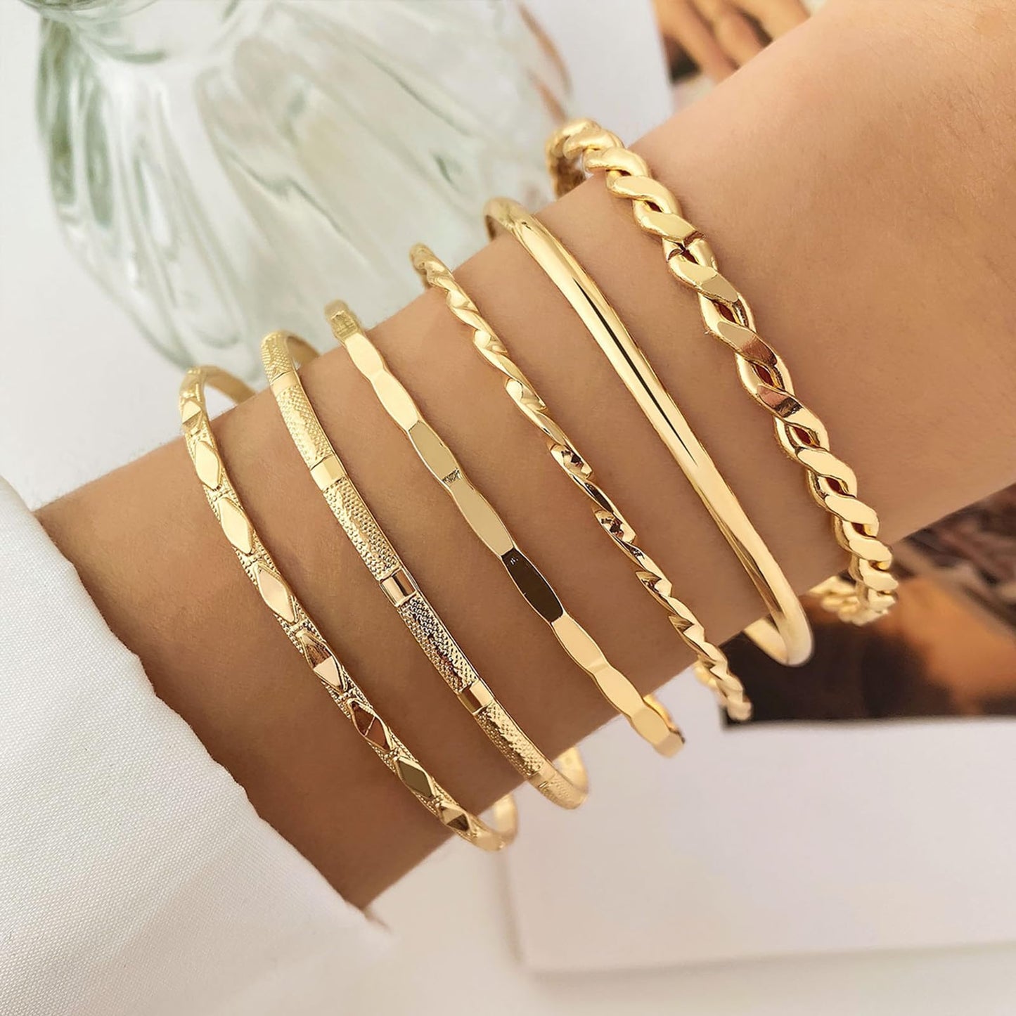 IFKM Gold Bangle Bracelets for Women, 14k Gold Plated Multi-Layer Stackable Cuff Bracelet Set