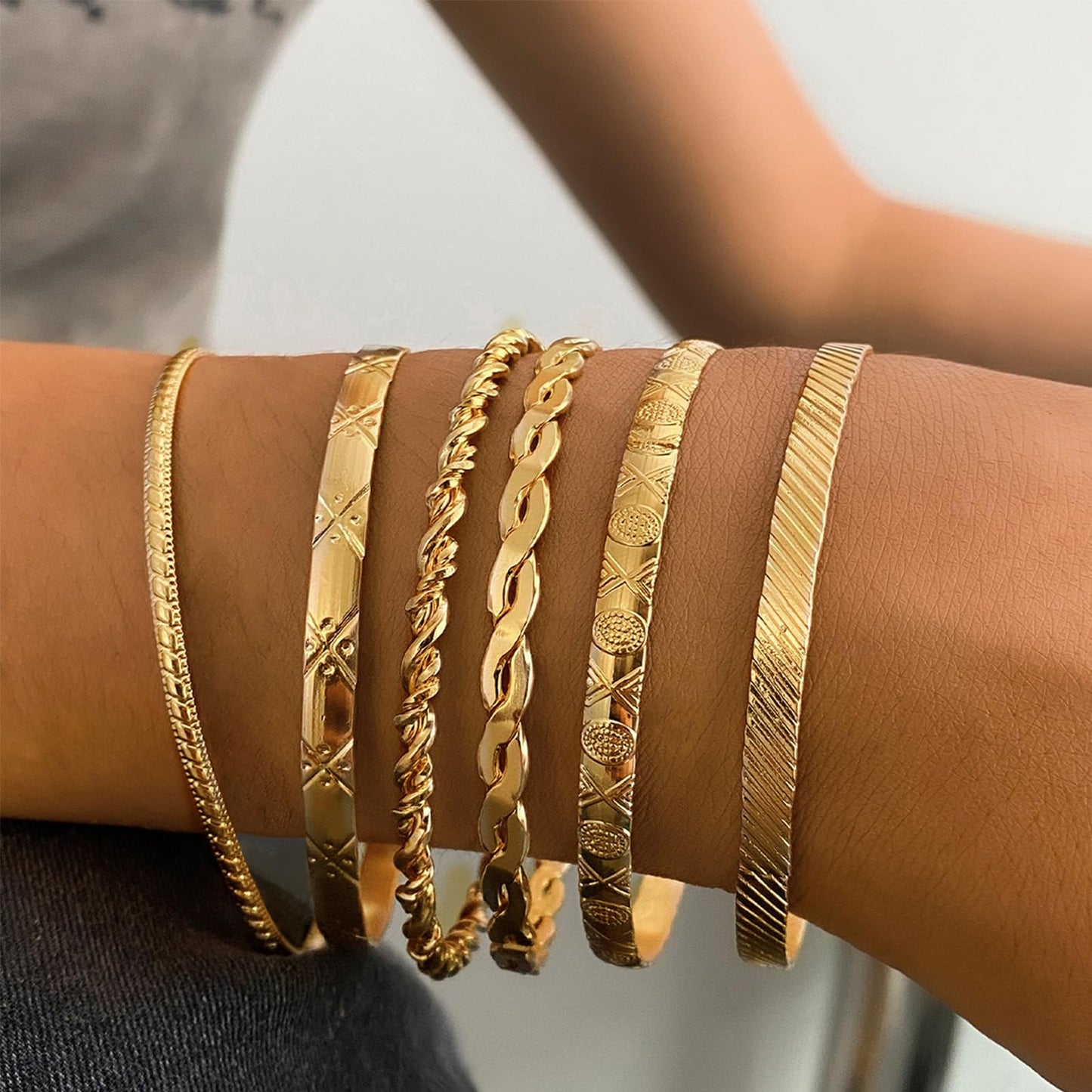 IFKM Gold Bangle Bracelets for Women, 14k Gold Plated Multi-Layer Stackable Cuff Bracelet Set