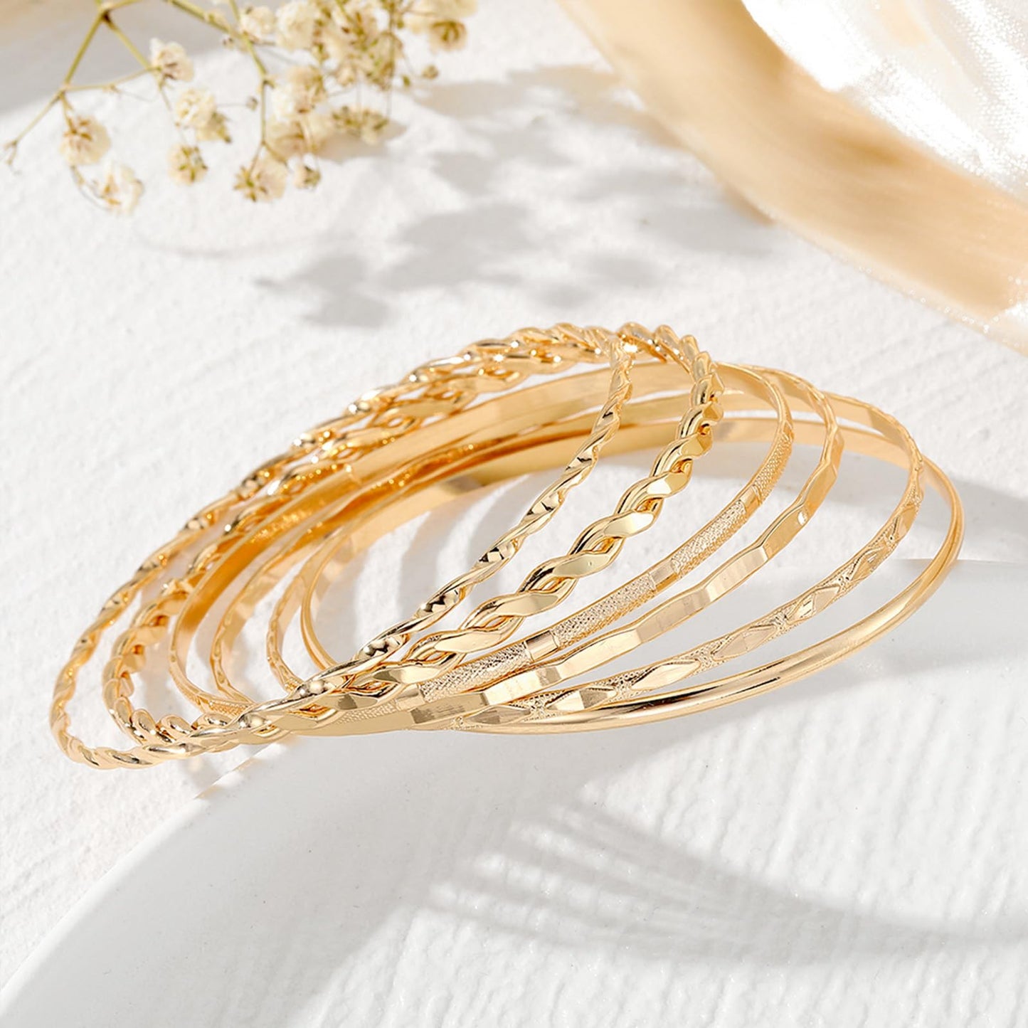 IFKM Gold Bangle Bracelets for Women, 14k Gold Plated Multi-Layer Stackable Cuff Bracelet Set