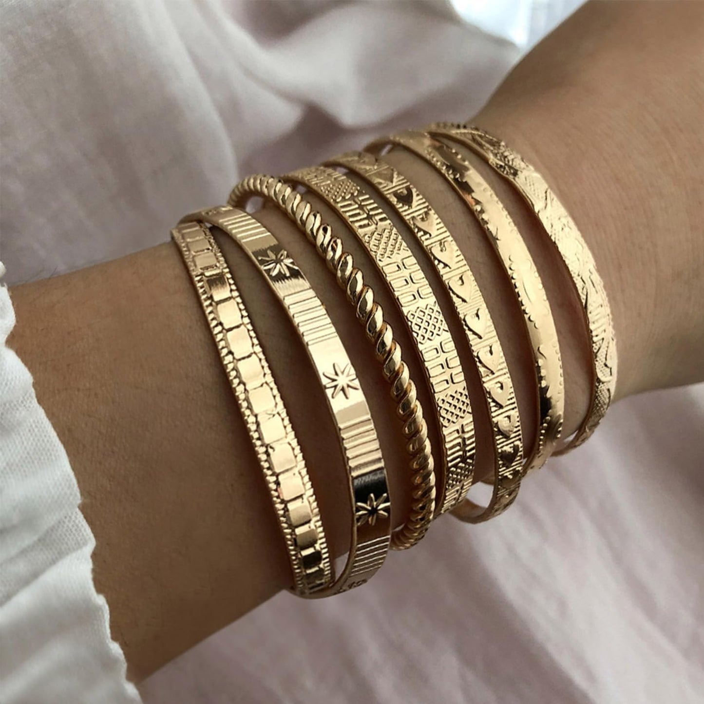 IFKM Gold Bangle Bracelets for Women, 14k Gold Plated Multi-Layer Stackable Cuff Bracelet Set