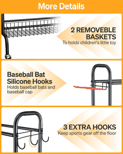 Sports Equipment Storage with Wheels- Four-Layer Organizer Holder with Two Baskets