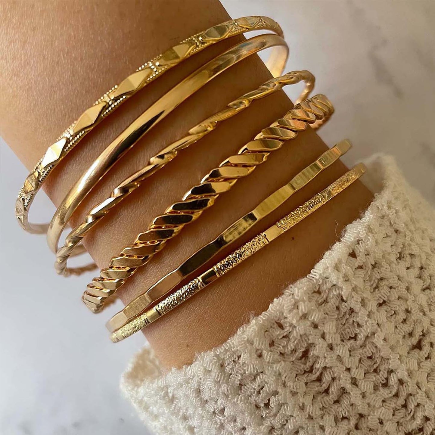 IFKM Gold Bangle Bracelets for Women, 14k Gold Plated Multi-Layer Stackable Cuff Bracelet Set