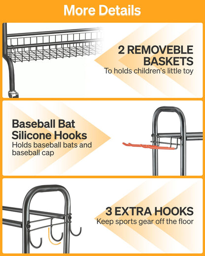 Sports Equipment Storage with Wheels- Four-Layer Organizer Holder with Two Baskets
