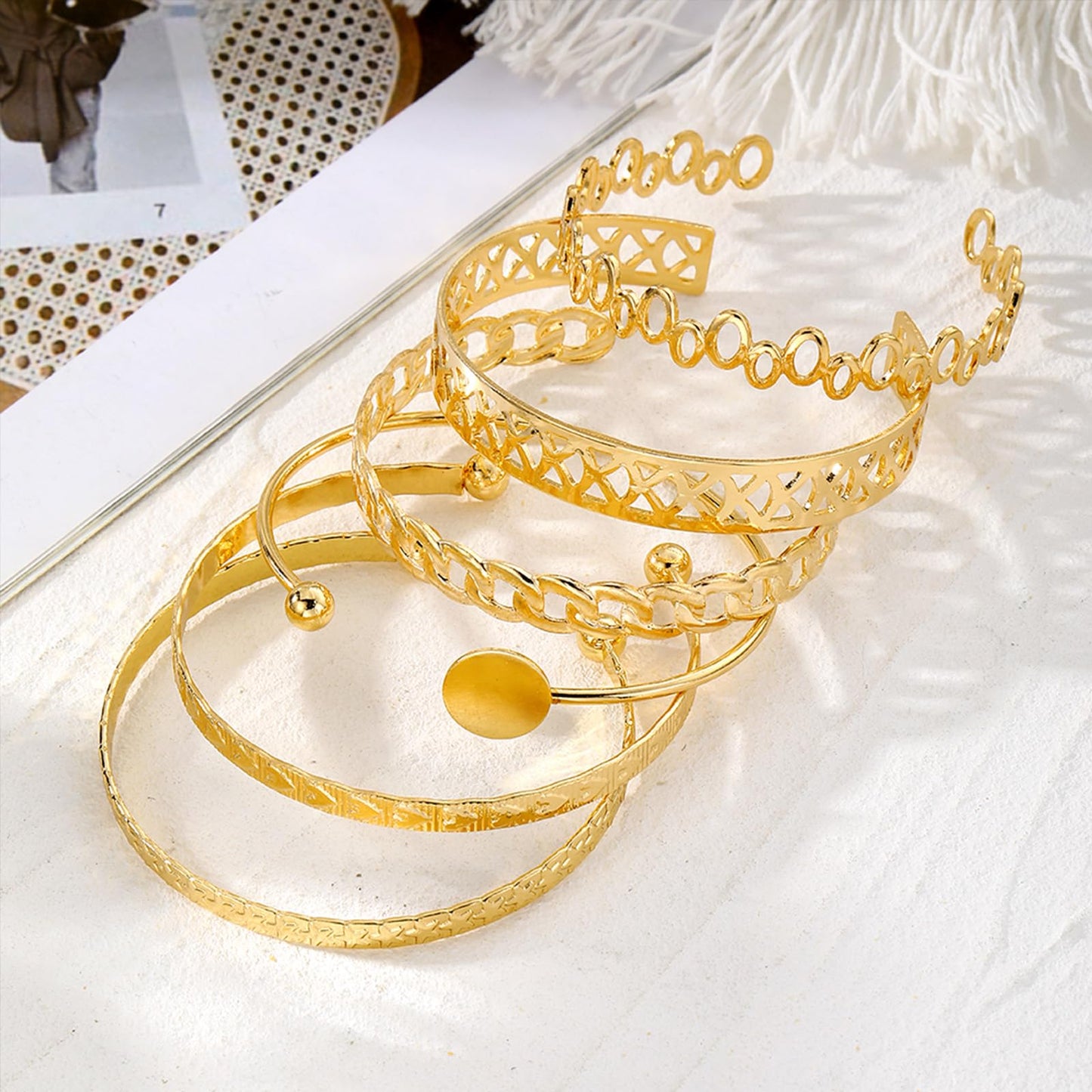 IFKM Gold Bangle Bracelets for Women, 14k Gold Plated Multi-Layer Stackable Cuff Bracelet Set