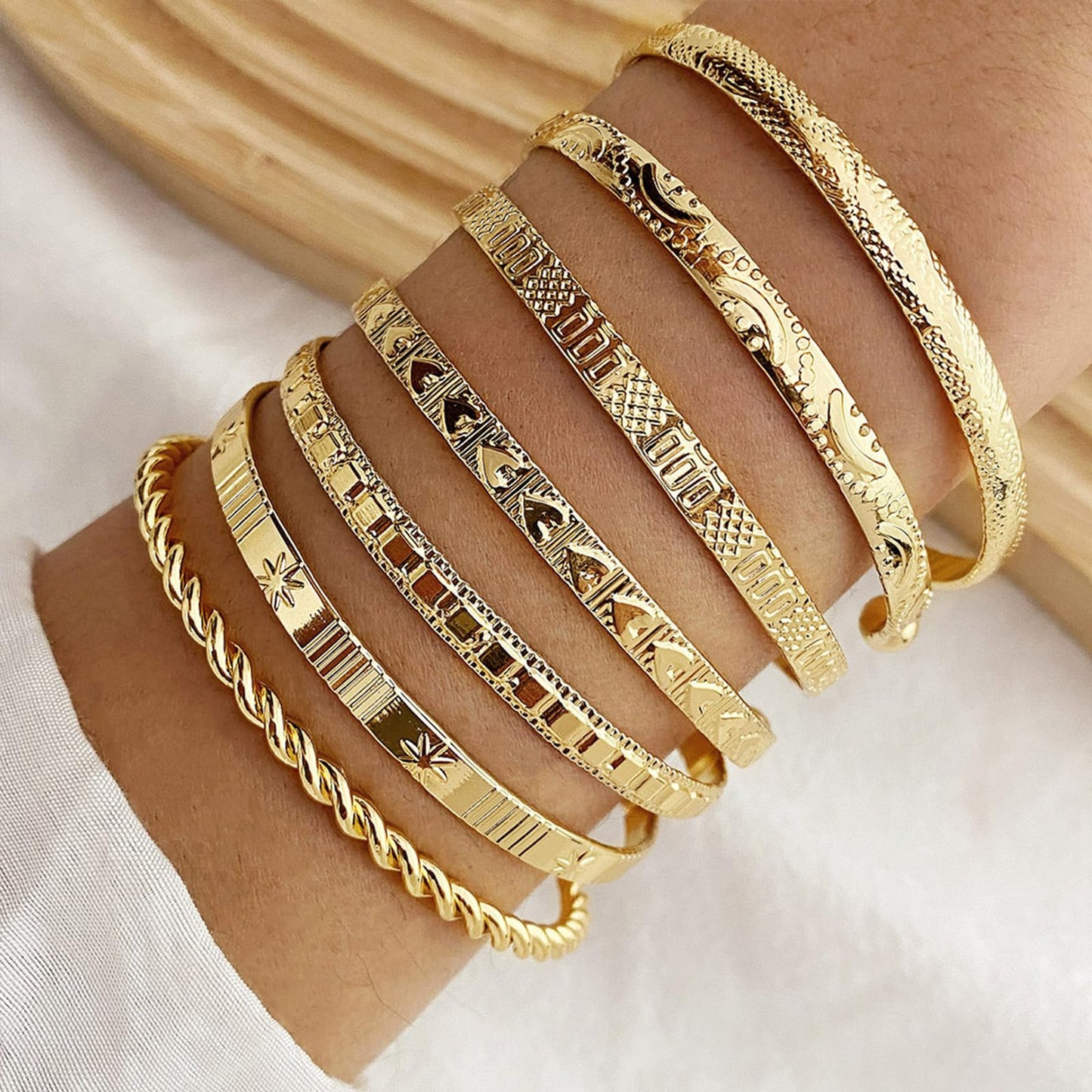 IFKM Gold Bangle Bracelets for Women, 14k Gold Plated Multi-Layer Stackable Cuff Bracelet Set