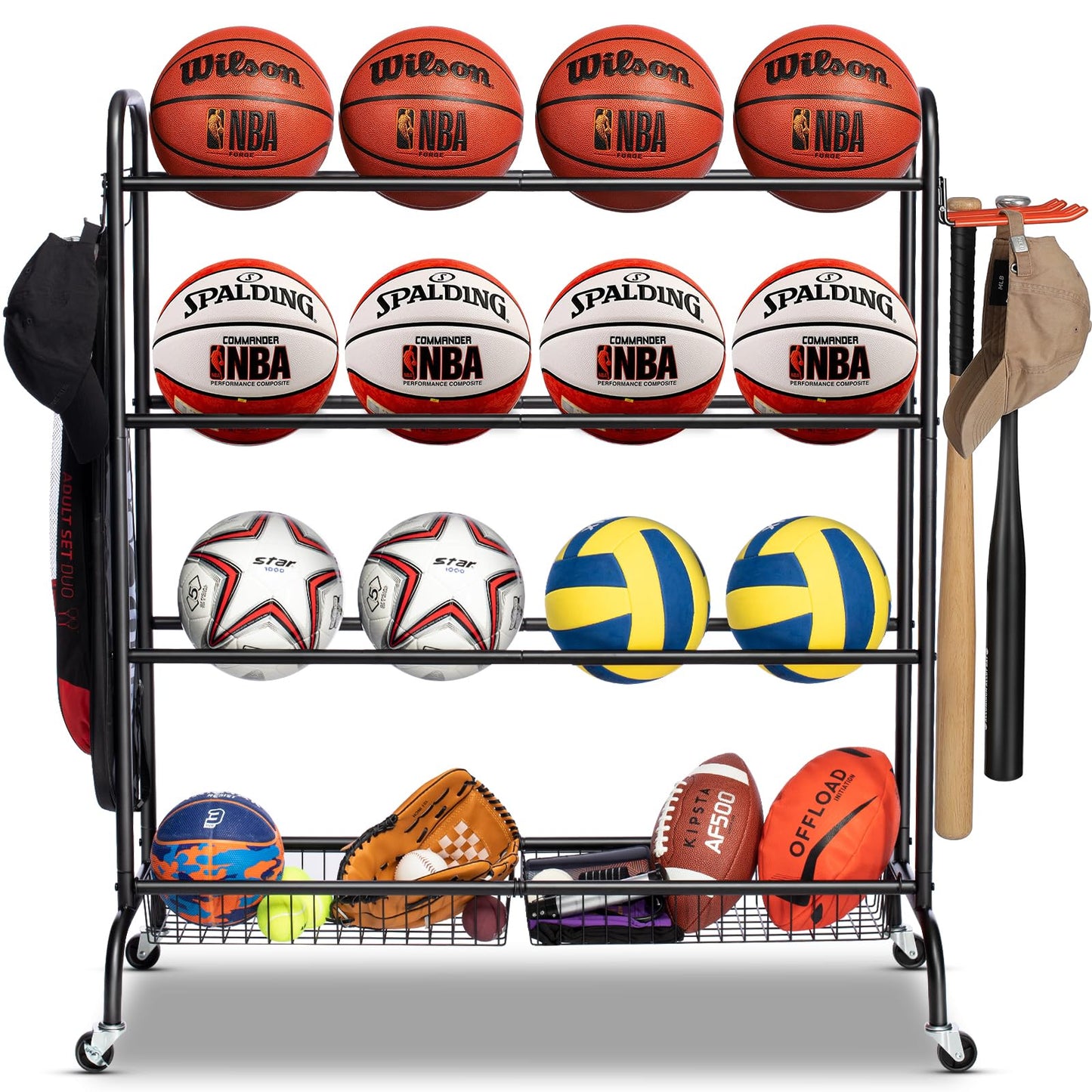 Sports Equipment Storage with Wheels- Four-Layer Organizer Holder with Two Baskets