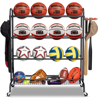 Sports Equipment Storage with Wheels- Four-Layer Organizer Holder with Two Baskets