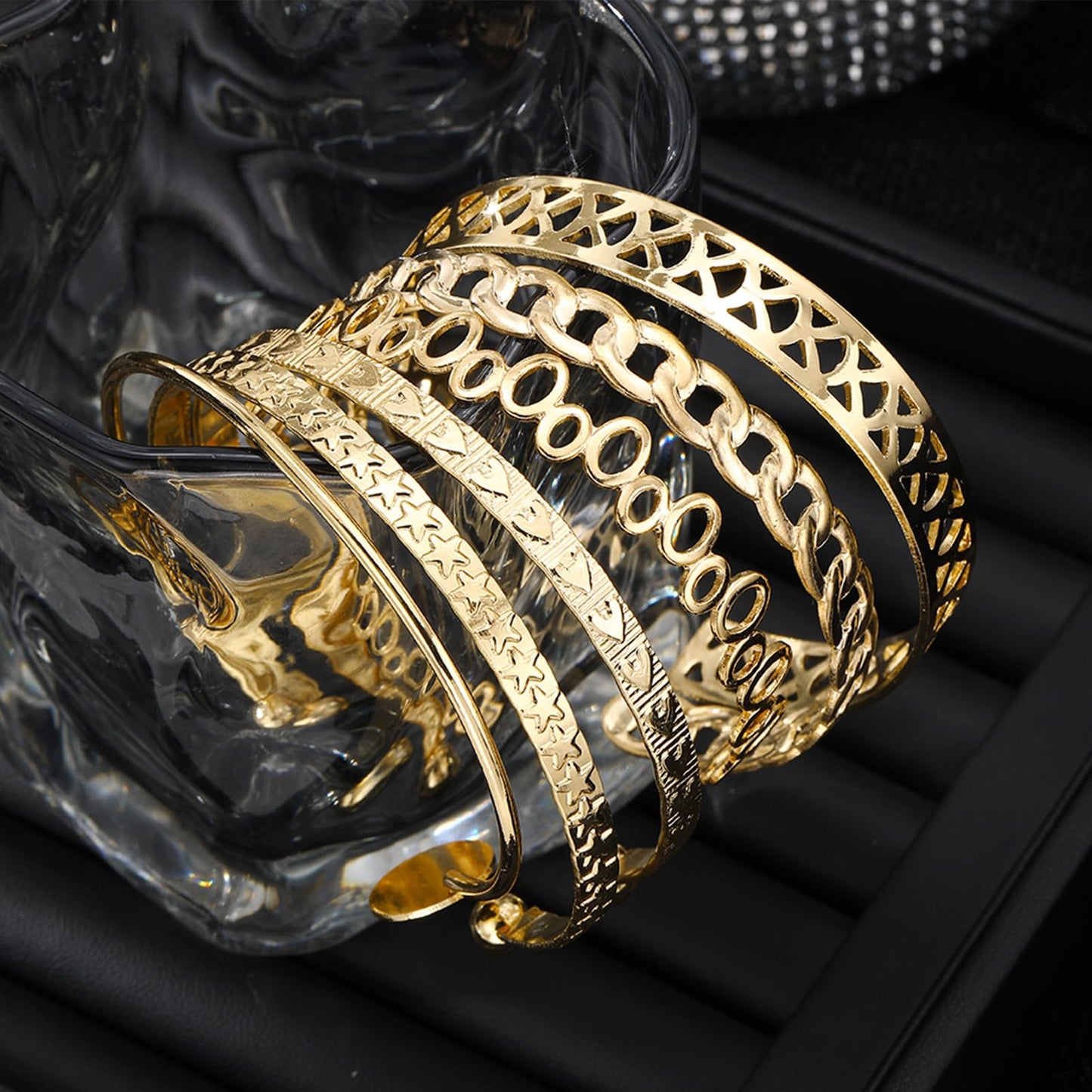 IFKM Gold Bangle Bracelets for Women, 14k Gold Plated Multi-Layer Stackable Cuff Bracelet Set