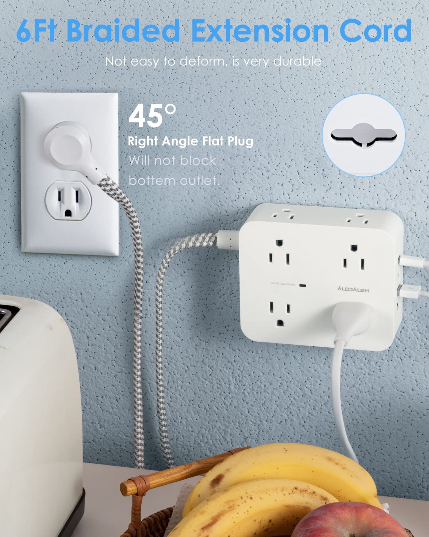 Surge Protector Power Strip - HANYCONY 8 Outlets 4 USB (2 USB C) Charging Ports- Multi Plug Outlet Extender, 5Ft