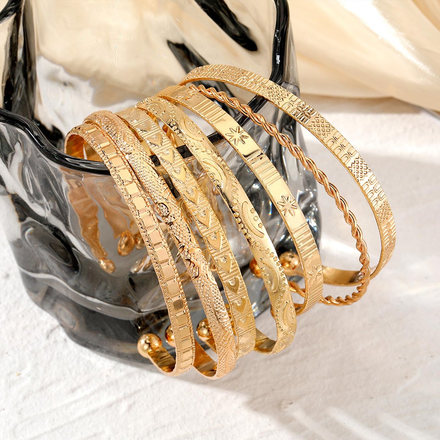 IFKM Gold Bangle Bracelets for Women, 14k Gold Plated Multi-Layer Stackable Cuff Bracelet Set