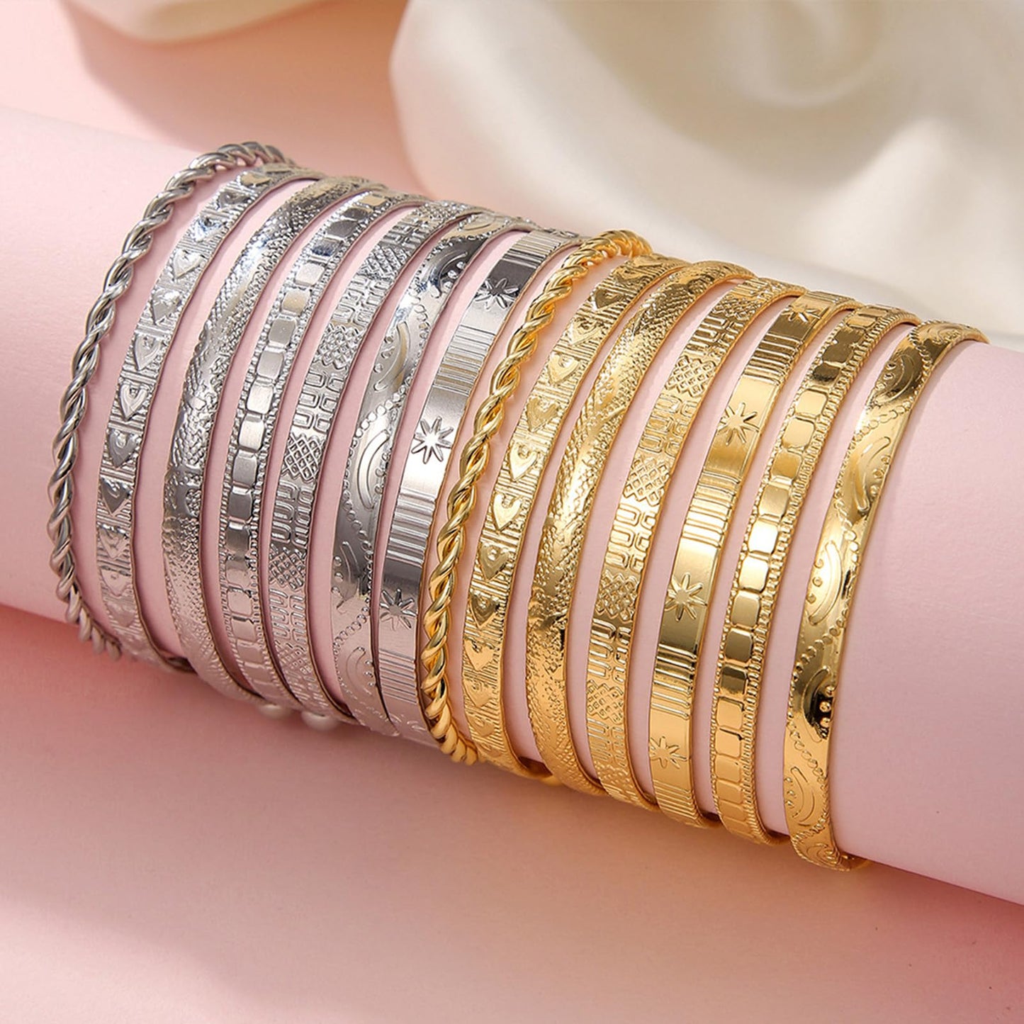 IFKM Gold Bangle Bracelets for Women, 14k Gold Plated Multi-Layer Stackable Cuff Bracelet Set