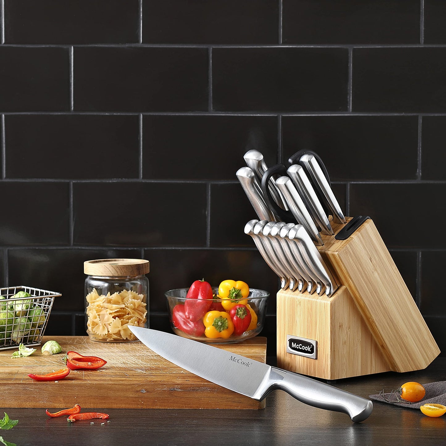 McCook® Knife Sets, German Stainless Steel Kitchen Knife Block Sets with Built-in Sharpener