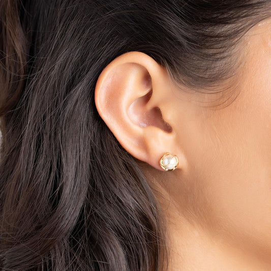 Barzel 18K Gold Plated Caged Pearl Stud Earrings, 6MM
